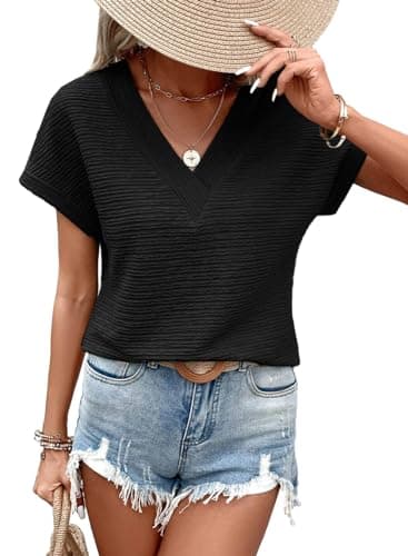 EVALESS Womens 2025 V Neck Cap Short Sleeve T Shirts Fashion Trendy Spring Summer Loose Fitted Plain Cute Textured Tops Casual Tee Blouses Clothes,Black X-Large - Image 1