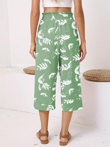 Moodclo Women's Capri Pants White Flower Green Small Casual Palazzo Trousers with Pockets Loose High Waisted Wide Leg Lounge Pants - Thumbnail 5