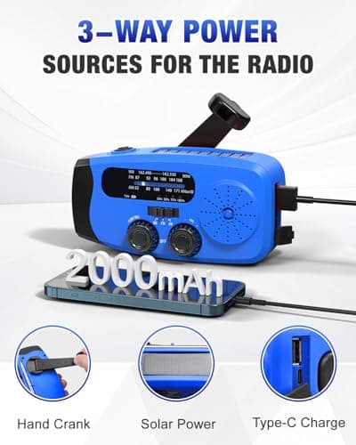 Emergency Hand Crank Radio Emgykit - 2000mAh/7400mWh AM/FM/NOAA Solar Hand Crank Emergency Radio with 3 LED Flashlights, SOS Function for Emergencies, Camping - Blue - Thumbnail 6