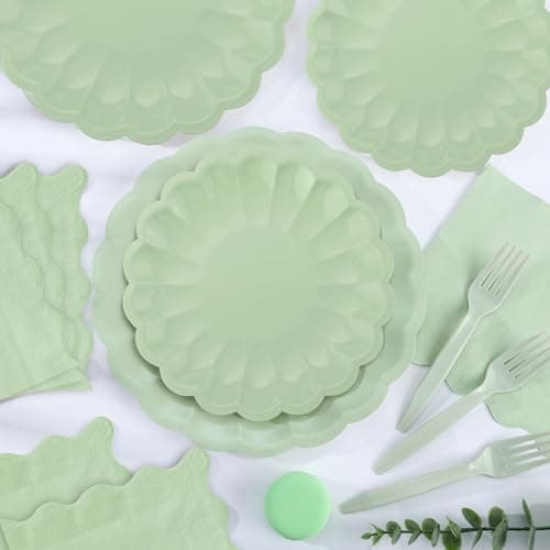 96 Pcs Sage Green Paper Plates and Napkins Party Supplies Serve 24 Guests Include Scalloped Dinner Plate 9.5", Dessert Plate 7.5", Napkins Plastic Forks for Baby Bridal Shower Wedding Birthday - Thumbnail 5