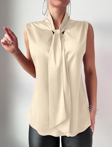ZAFUL Women's Silk Satin Tank Tops Bow Tie Knot Mock Neck Casual Sleeveless Blouses Summer Basic Tanks Shirt Apricot L - Thumbnail 3