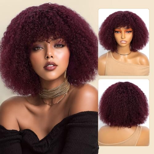 JOEDIR HAIR Human Hair Wig Afro Kinky Curly Fluffy Wig for Black Women Wear and Go Wig with Bangs Glueless Wigs 250% Density (99J, 10 inch) - Image 1