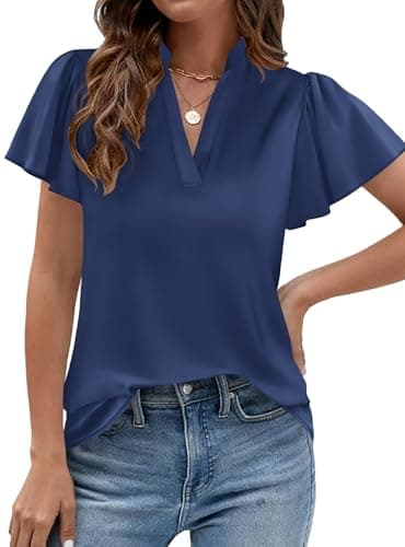 PRETTYGARDEN Women's 2026 Summer Satin Blouses Dressy Casual Ruffle Cap Sleeve V Neck Business Work Cute Tops Spring Outfits (Navy Blue,Small) - Thumbnail 2