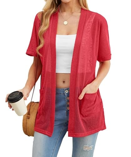 PrinStory Women's Short Sleeve Cardigans with Pockets Lightweight Open Front Cardigan for Sleeveless Dresses for 2026 Summer Red M - Image 1