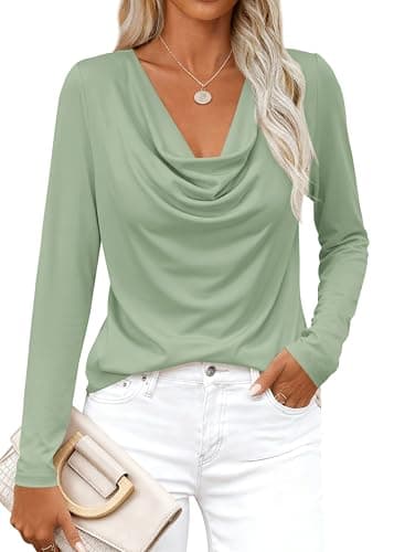 PRETTYGARDEN Womens Spring Tops 2026 Dressy Cowl Neck Long Sleeve Shirts Loose Business Casual Blouses Teacher Tunic Top(Sage Green,Medium) - Image 1