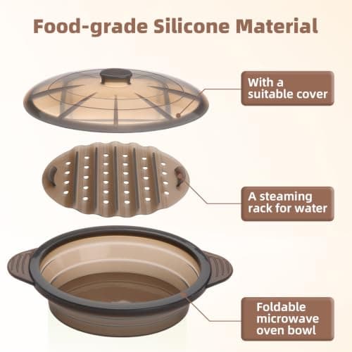 Microwave Steamer Cooker Collapsible Bowl Silicone Baked Potato Cookware with Handle Lid for Vegetables Fish Prep Meal Food with Removable Rack BPA Free Easy to Store Freezer Dishwasher Safe Black - Thumbnail 4