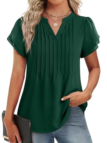 Funlingo Womens Dressy Casual Tops 2026 Petal Sleeve Summer Tunic Blouses Trendy V Neck Office Shirts Professional Clothing Green L - Image 1