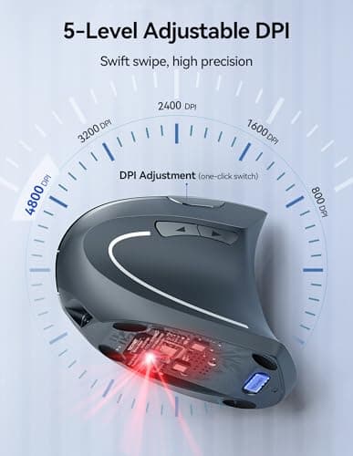 TECKNET Ergonomic Mouse, Rechargeable Vertical Ergo Mouse Wireless 800-4800 Levels 5 Adjustable DPI, Silent 2.4GHz Optical Carpal Tunnel Mouse for Right Hand, USB Wireless Mice for Laptop, PC - Thumbnail 6