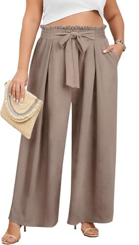 Lastshe Women's Plus Size Pants Wide Leg Work Casual Palazzo Flowy Elastic High Waisted Tie Knot Trousers with Pockets, Wheat, 4X - Image 1