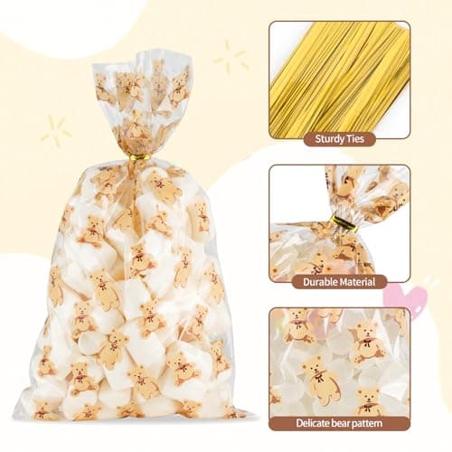 Docvania Clear Bear Cellophane Treat Bags Plastic Gift Bag 100 pcs 7 X 12 Clear Bear Cookie Bags with Ties Goodie Candy Bag Suitable for Birthday, Baby Shower , Boy Girl Party Favors ,Valentine's Day, and Holiday Parties - Thumbnail 3