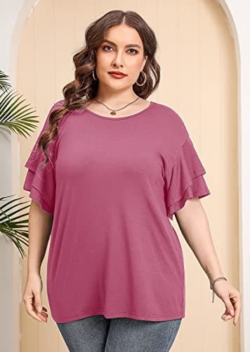 AusLook Plus Size Womens T Shirts Mauve 2X Tunic Double Ruffle Short Sleeve Blouses Crewneck Clothing Tee Ladies Clothes Flowy Dressy Casual Loose Fit Outfits Maternity Summer Tops - Thumbnail 4