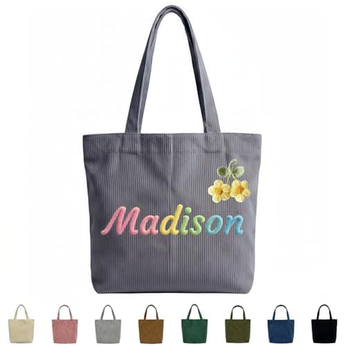 Personalized corduroy handbag, casual shoulder bag with custom name/letter patterns. Durable cotton travel bag, ideal gift for bridesmaids, teachers, and for Christmas, birthdays or honeymoons.