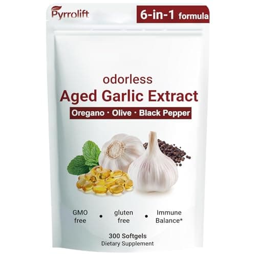Pyrrolift Aged Garlic Extract - 1530mg with Vitamin D, Zinc, Oregano & Olive Leaf | Odorless Garlic Supplements, Heart & Immune Support Herbal Formula Antioxidant Supplement, 300 Softgels - Image 1