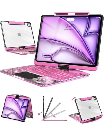 Auupgo Clear Keyboard Case for iPad Air 13 Inch (M4/M3/M2, 2026/2025/2024) & iPad Pro 12.9 Inch (6th/5th/4th/3rd Gen), 7-Color Backlit Keyboard with Touchpad, 360° Rotating Stand, Pencil Holder, Pink