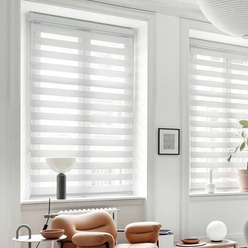 GHV Cordless Zebra Blinds for Windows Free-Stop Shades Light Filtering Dual Layer Light Control for Day and Night (White, 30 in (W) x 64 in (H)) - Image 1