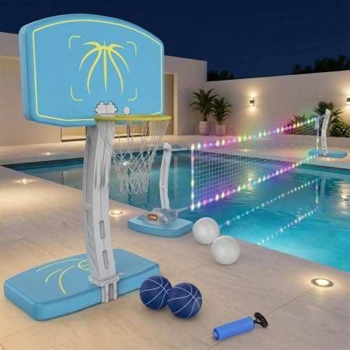 Goregent Pool Basketball Hoop and LED Volleyball Net Combo Set, with Stainless Steel Frame, 8 Lighting Modes, Dual-Mode Summer Pool Toy, Includes 4 Balls/2 Bases/2 Water Bags/1 Pump