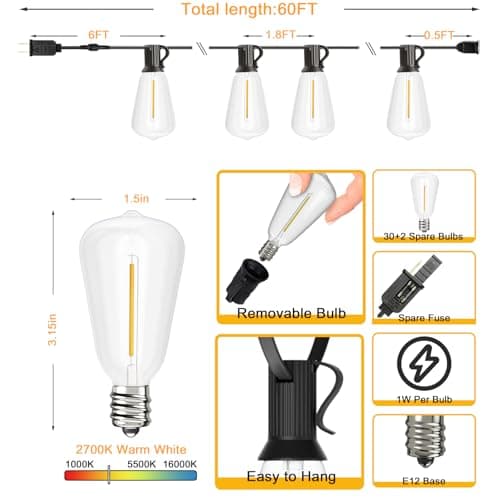 Svater Outdoor String Lights 60 FT ST38 Patio String Lights with 32 Waterproof Shatterproof LED Bulbs Connectable Lights for Outside Backyard Garden Porch - Thumbnail 4