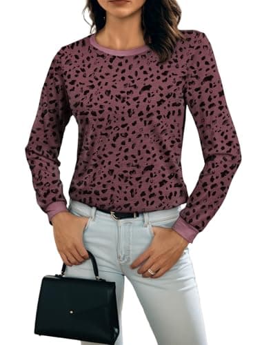 BLENCOT Long Sleeve Shirts for Women Casual Tops Basic Workout Tees Fall Fashion Outfits Beach Vacation Clothes Business Leopard Tunic Large Red - Image 1