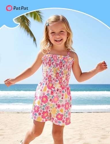 PATPAT Toddler Girl Romper 6T, Hot Pink Ditsy Floral Print Adjustable Spaghetti Strap Summer Rompers, Girls Romper 6 Cute Summer Outfits - Thumbnail 2