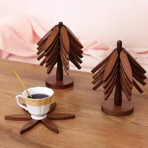 Wooden Trivets for Hot Dishes, Tree Shape Trivet Set, 4 Wooden Trivets + 1 Stand, for Hot Dishes, Pot, Bowl, Teapot, Hot Pot Holders(Walnut Wood) - Thumbnail 6