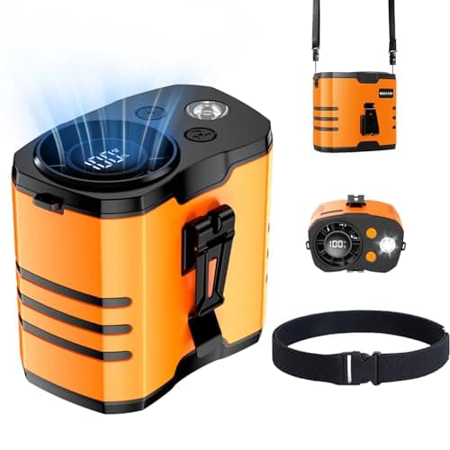 Auxemu Portable Waist Fan, Rechargeable Belt Fan with 10-Speed Turbo Motor, 35H Runtime, 130° Wide Airflow Body Fan with LED Light, Hands-Free Wearable Fan for Outdoor Work, Camping, Fishing (Orange)