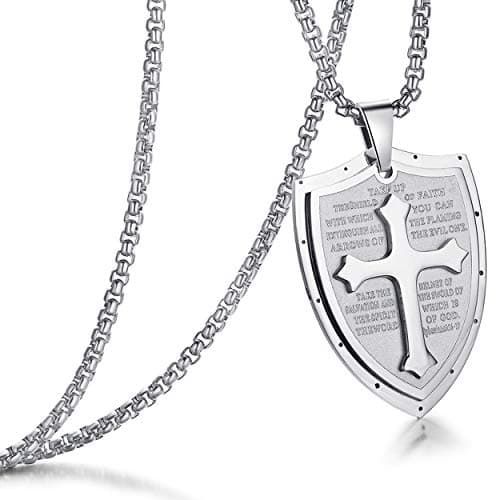 Rehoboth Mens Stainless Steel Shield Cross Pendant Necklace Shield Armor of God Ephesians 6:16-17 Pendant Chain 24 Inch for Women Men Silver - Image 1