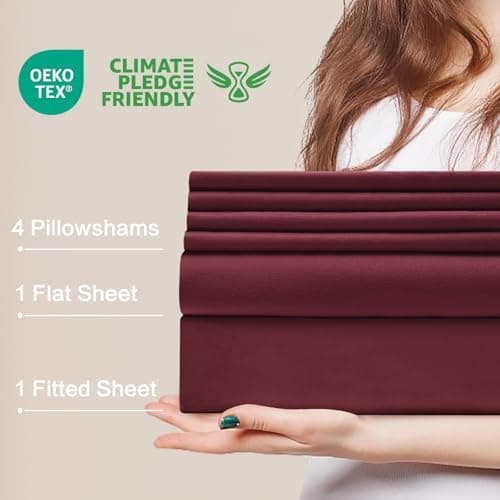 USXIBEI 4 Piece Twin Sheet Set – Breathable & Cooling Bedding Set with 18-24 Inch Deep Pockets - 1 Flat & 1 Fitted Sheet & 2 Pillowcases（Twin Burgundy） - Thumbnail 4
