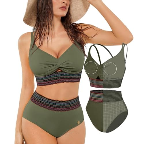 Popilush High Waisted Bikini Sets for Women Tummy Control Swimsuits Two Piece Boho Bathing Suit 4 Way Wear Beach and Pool Plus Size XXL Color Green - Image 1