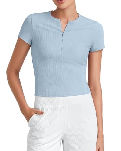 G4Free Workout Shirts for Women Half Zip Short Sleeve Tops Lightweight Ribbed Soft Stretchy Slim Fit Casual Gym Yoga Athletic (Blue Willow,L) - Image 1