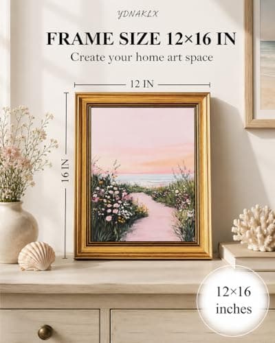 Gold Framed Wall Art, Pink Coastal Seascape Canvas Prints, Pink Sky Beach Wildflower Landscape Picture Wall Decor, Dreamy Beachy Aesthetic Artwork for Living Room Bedroom 12x16 inch - Thumbnail 2
