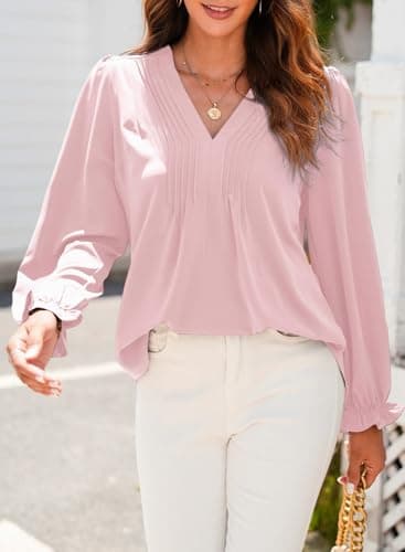 Dokotoo Long Sleeve Shirts for Women Fashion 2026 Fall Tops Dressy Casual Blouses Pleated V Neck Tunic Tops Casual Loose Pink T Shirts Ladies Business Outfits X-Large - Thumbnail 3