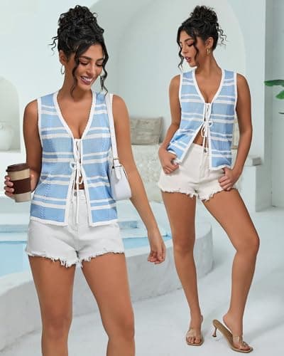 IEEILULU Women Sleeveless Knit Vest Striped V Neck Tie Front Sweater Vests Y2k Crochet Tank Tops for Going Out Beach Vacation (Blue White Stripe, M) - Thumbnail 5