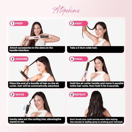 Atopskins 5 in 1 Blow Dryer Brush Set, 1000W Hot Air Styler with Auto-Wrap Curler & LED Temp Display, Negative Ion Hair Dryer Brush for Straightening, Volumizing & Curling - Pink - Thumbnail 6