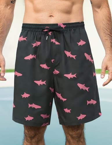 Aprolive Men's Swimsuits Elastic Waist Swimsuit Breathable Running Shorts Funny Beach Swimming Surf(Pink Shark,Large) - Thumbnail 2