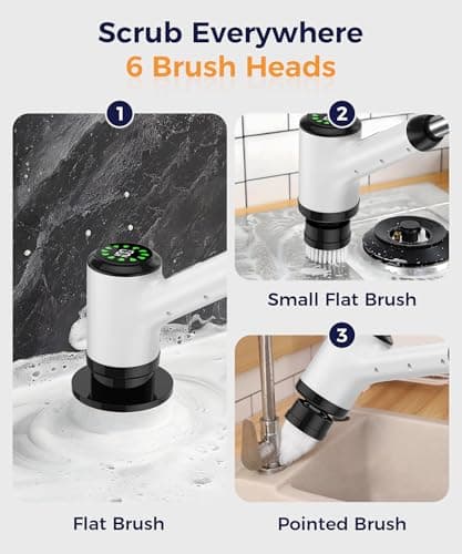 Lichffy Electric Spin Scrubber, Cordless Cleaning Brush with 7 Replaceable Brush Heads, 2-Speed Adjustable Handle Shower Scrubber, IPX7 Waterproof for Bathroom, Tub, Tile & Floor, Teens, White-qb1... - Thumbnail 4