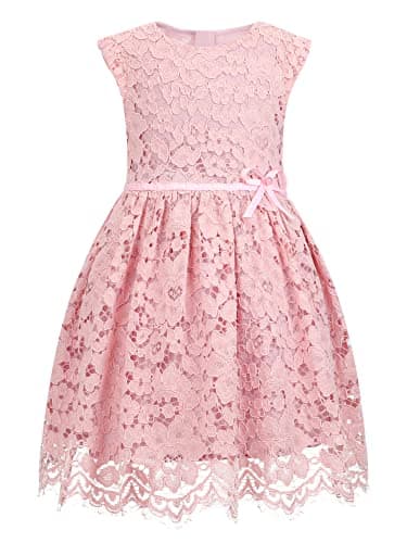 ALLOVIN Girls & Toddlers Sleeveless A-Line Lace Party Dress Birthday Wedding & Flower Girl Dress with Beaded Bowknot | Pink | 3-4T - Image 1