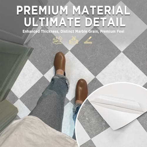 auxua Grey Vinyl Checked Flooring Roll – Small Size (15.7” x 6.56ft) for 8.61 sq.ft Coverage, Seamless Grain Match, Hassle-Free Peel & Stick Tile Application, Ideal for Kitchens & Bathrooms - Thumbnail 2
