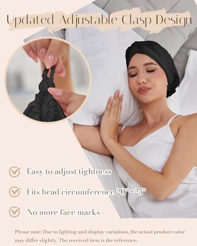 HFRHTGY Adjustable Silk Satin Hair Bonnet for Sleeping Women Hair Wrap, Double Layer Night Turban, Sleep Cap for Natural Curly Straight Unisex - Black - Thumbnail 2