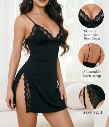 XJG Women Lingerie V Neck Sexy Nightgown Lace Trim Sleep Dress with Side Slit Night Gowns Soft Loungewear Sleepwear Black - Thumbnail 3