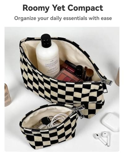 fahombag 2 Pcs Checkered Makeup Bag Set Corduroy Cosmetic Pouch for Women Large & Small Cute Preppy Aesthetic Black And White Travel Toiletry Pouch Organizer for Purse Skincare Brushes - Thumbnail 3