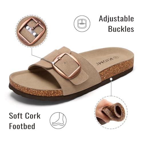 KIDMI Genuine Suede Cork Footbed Sandals for Women Comfortable Summer Slides with Buckle, Apricot 38 - Thumbnail 4