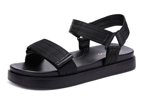 Coutgo Womens Flat Sandals Arch Support Adjustable Strap Sandals Comfort Walking Summer Beach Shoes, Black Textile, Size 8 - Thumbnail 6