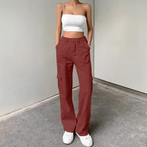 Lepunuo Womens Cargo Pants Casual High Waisted Joggers Pants Fce Wide Leg Sweat Pants Baggy Pants with Pockets Tomato Red - Thumbnail 2