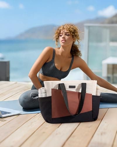 LOVEVOOK Gym Tote Bag for Women, Puffy Yoga Mat Bag with Large Cup Holder & Wet Pocket, Work Nurse Bag for Travel Workout Pilates - Thumbnail 3