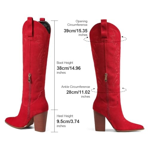 VOMIRA Red Cowboy Boots for Women Pointed Toe Embroidered Wide Calf Cowgirl Boots Western Knee High Cowboy Boots Women - Thumbnail 5
