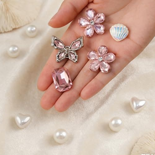 Wenobby 20 Pcs Bling Gem Shoe Decoration Charms for Women Girls, Cute Pink Pearl Rhinestones Butterfly Flower Shell charms with 2 Pearl Chains, Girly Accessories for Clog Sandals Party Gift - Thumbnail 3