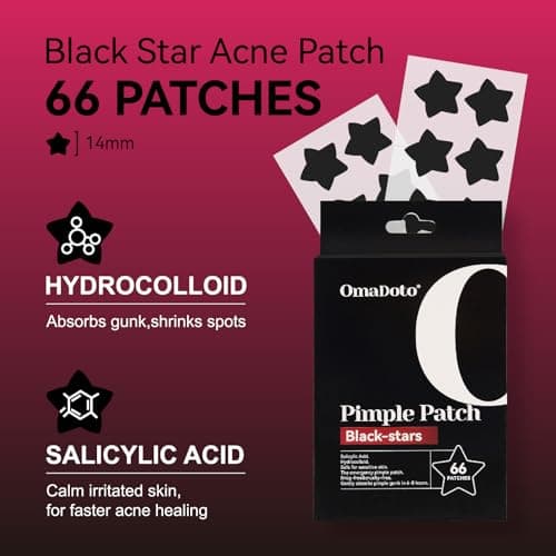 OMADOTO Star Pimple Patches for Face - Black Colors 66Pcs (14mm) Hydrocolloid Acne Patches, Day & Night Blemish/Zit Healing Pimple Patches(66count-Pack of 1) - Thumbnail 2