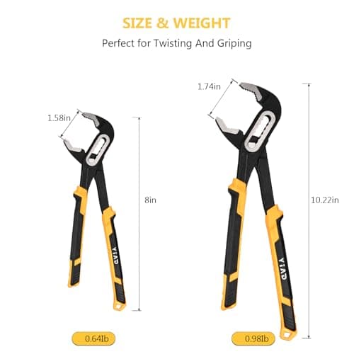 Groove Joint Pliers 8/10 Inch V-Jaw Water Pump Pliers With 7-Position Push Locks,Adjustable Tongue and Groove lock Pliers Rubber Grip Handle Tools Set for Home Auto Repair,Nuts,Bolts,Pipe 2 Piece - Thumbnail 2