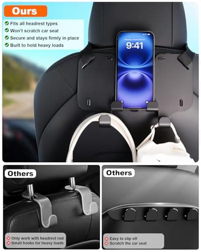 Forgyronis Adjustable Car Seat Headrest Hooks, Universal Fit for All Headrest Styles, Purse Hook with Phone Holder, Car Purse Hooks for Bags, Multifunctional Car Organizers and Storage - Thumbnail 2