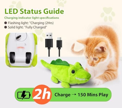ZeLing HTL Interactive Cat Toys for Indoor Cats – Auto Moving Alligator with 360° Random Movement & Tail Wagging, Rechargeable Cat Exercise Toy with Catnip, Self-Play Fun for Bored Adult Cats-Green - Thumbnail 5